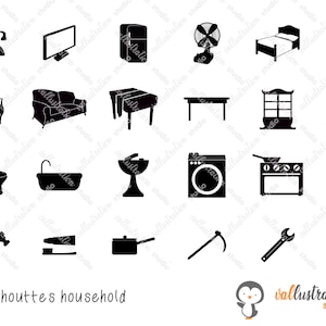May include: A set of 24 black and white silhouette icons depicting various household items, including a telephone, television, refrigerator, fan, bed, lamp, armchair, sofa, table, cabinet, toilet, bathtub, sink, washing machine, stove, street lamp, hammer, stapler, pot, pickaxe, wrench, and mirror.