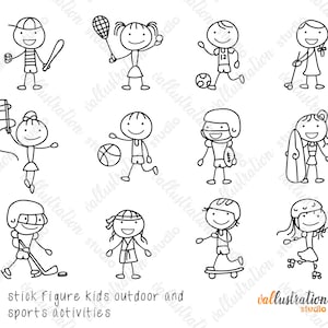 Stick figure kids sports activities, kids outdoor activities, sports activities, activities kids, people, Hand drawn Clipart, SD010