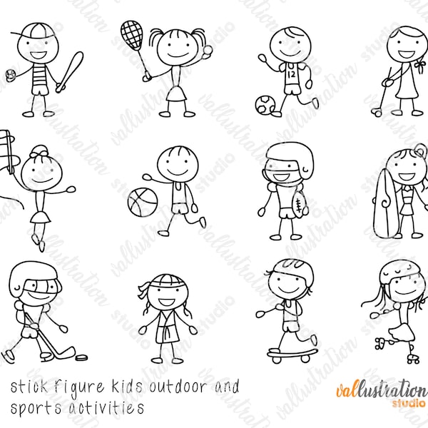 Stick figure kids sports activities, kids outdoor activities, sports activities, activities kids, people, Hand drawn Clipart, SD010