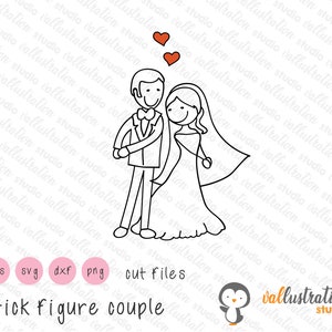 Stick Figura Pareja Doodle, Boda, Matrimonio, Novia y Novio, Compromiso, Diseño Cuttable, SVG, DXF, EPS Diseño Siluetas de Archivo SV006