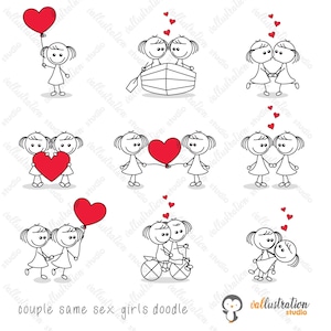 May include: A set of nine black and white line drawings of couples holding hands, riding a bicycle, holding a heart, and holding a balloon. The couples are all women and are drawn in a simple, doodle style. The drawings are all set against a white background.