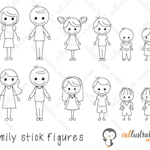 Figura de palo familia, marido, esposa, padre, madre, hermano, hermana, hijo, hija, bebé, niño pequeño, hermanos, imágenes prediseñadas dibujadas a mano, compromiso