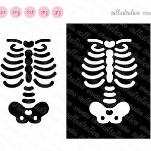 Könnte beinhalten: Schwarze und weiße Silhouette eines menschlichen Skeletts, einschließlich Brustkorb und Becken. Das Bild eignet sich für die Verwendung als Halloween-Dekoration oder Bastelprojekt.