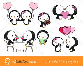 Valentine Penguins Couple Clipart, Cute Penguin Clipart, Kawaii Penguins Love, Kawaii Penguins Wedding, Penguin Couple Clipart Clip Art Set