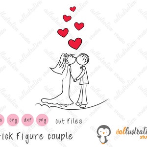 Stick Figura Coppia Doodle, Matrimonio, Matrimonio, Sposa e sposo, Coinvolgimento, Design tagliabile, SVG, DXF, EPS Design File Silhouettes SV003