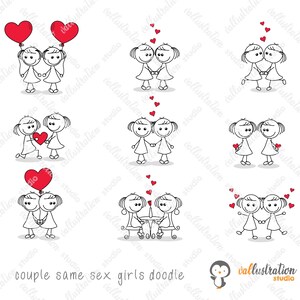 May include: A digital illustration of eight different couples of stick figures holding hands, kissing, or sharing a heart. The couples are all female and are depicted in various poses. The illustration is in black and white with red hearts.