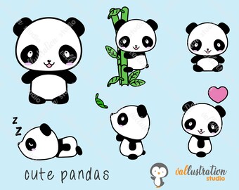 May include: Cute cartoon panda illustrations in various poses, including sleeping, climbing bamboo, and holding a heart. The pandas are black and white with pink accents. The background is light blue.