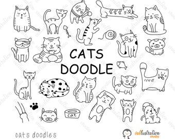 May include: A black and white illustration of 20 different cats in various poses. The cats are drawn in a simple, doodle style. The text "CATS DOODLE" is written in large letters at the bottom of the image.