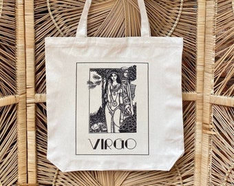 Virgo the Virgin Tote | Earth Sign | Zodiac | Astrology | Horoscope | Virgo Gift | Large Natural Canvas Boho Tote Bag