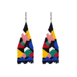 May include: A pair of long, colourful beaded earrings with a geometric pattern. The earrings are black, yellow, red, blue, green, pink, and white. The earrings have a teardrop shape and are made with small beads.