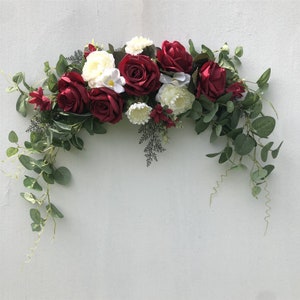 Wedding Arch Flowers, Burgundy Rose Floral Swags, 3Pcs Set Artificial Eucalyptus Leaves Flower For Sheer Drapes,Chair,Arbor,Wedding Ceremony Floral Swag 1Piece