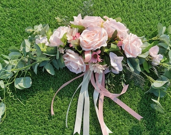 White Floral Swag, Artificial Pink Rose Flower Decorative Swags for Wedding Arch, Eucalyptus Leaves for Home Decor , Table Centerpiece