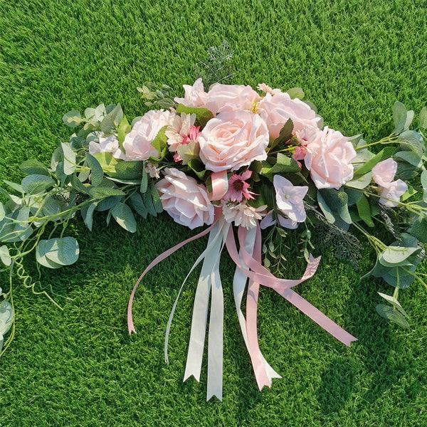 White Floral Swag, Artificial Pink Rose Flower Decorative Swags for Wedding Arch, Eucalyptus Leaves for Home Decor , Table Centerpiece