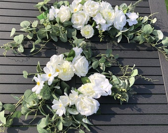 Wedding Arch Flowers, 3Pcs Set White Rose Floral Swags, Artificial Eucalyptus Leaves Flower For Sheer Drapes, Chair, Arbor, Wedding Ceremony