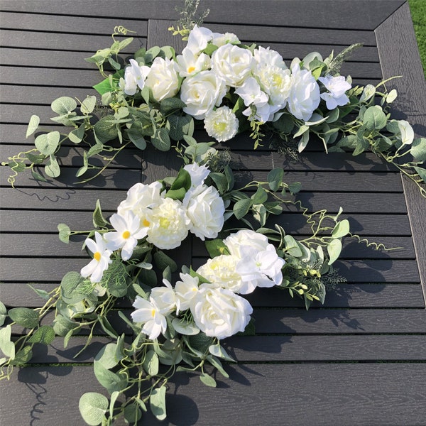 Wedding Arch Flowers, 3Pcs Set White Rose Floral Swags, Artificial Eucalyptus Leaves Flower For Sheer Drapes, Chair, Arbor, Wedding Ceremony