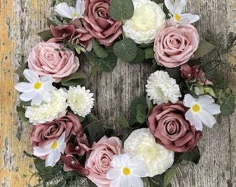 Rose Flower Wreath for Front Door,Pink and Wine Red Floral Door Wreath with Eucalyptus Leaves for Wedding, Wall, Home Decorations