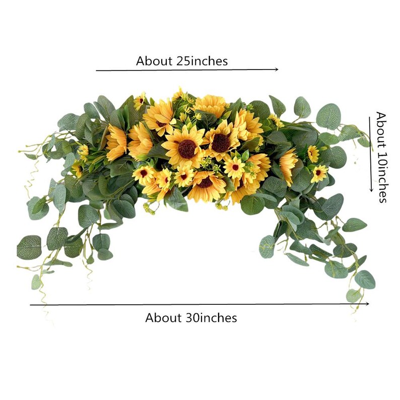 May include: A sunflower garland with eucalyptus greenery, measuring approximately 25 inches wide and 10 inches tall. The garland is perfect for adding a touch of summer to any space.