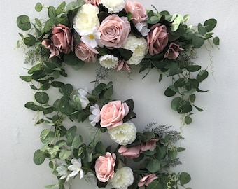 Wedding Arch Flowers,Dusty Pink Rose Floral Swag, 3Pcs Set Artificial Eucalyptus Leaves Flower For Sheer Drapes,Chair,Arbor,Wedding Ceremony