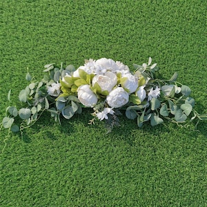 Wedding Arch Flowers, 30 Inch Rustic Artificial Floral Swag for Lintel, Green Leaves Rose Peony Flower Swag Door Wreath Home Decoration