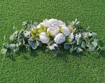 Wedding Arch Flowers, 30 Inch Rustic Artificial Floral Swag for Lintel, Green Leaves Rose Peony Flower Swag Door Wreath Home Decoration