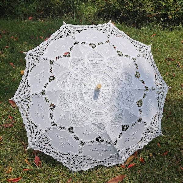 Handgefertigter künstlicher weißer Regenschirm im Vintage-Stil, viktorianische Spitze, manuelle Öffnung, Hochzeitsschirm, schwarzer Braut-Sonnenschirm für roten Hochzeits-Sonnenschirm