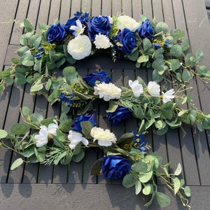 Wedding Arch Flowers,3Pcs Set Royal Blue Rose Floral Swags,Artificial Eucalyptus Leaves Flower For Sheer Drapes,Chair,Arbor,Wedding Ceremony
