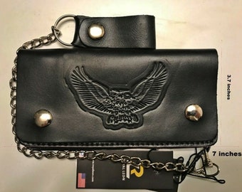 Genuine-Leather-Motorcycle-Trucker-Chain-Wallet-inside-Zipper Eagle Emboss B13