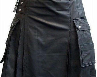 Men's Genuine Soft Sheepskin Black Leather WARRIOR KILT w/ Chrome Rivet Accents