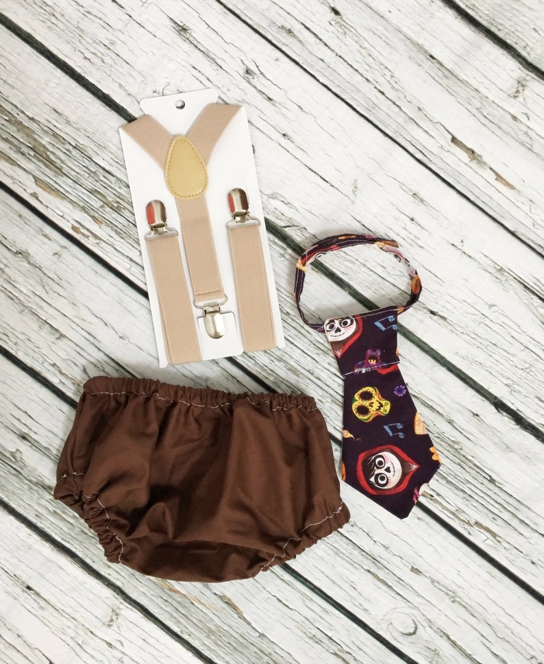 Ready to Ship,Coco Movie Cake Smash,Diaper Cover Brown,Tan Suspenders,Coco Outfit,Tie and Suspenders with Bloomer,Birthday boy Coco Items