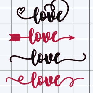 Op de afbeelding: Vier verschillende variaties van het woord "liefde" in zwarte en rode cursieve schrift. De eerste "liefde" heeft een hart erboven. De tweede "liefde" heeft een pijl aan beide kanten. De derde en vierde "liefde" hebben een zwier aan beide kanten.