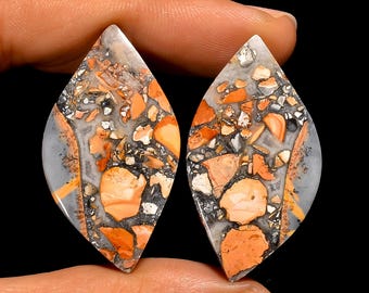 Maligano Jasper Cabochon Pair | Fancy Shape | 38x21x4mm 46Ct | Multi Color Matched Duo for Earrings Making