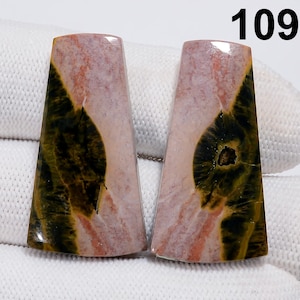 May include: Two polished stone cabochons with a trapezoid shape. The stones feature a mix of colors, including pink, green, and brown. The number "109" is visible in the upper right corner.