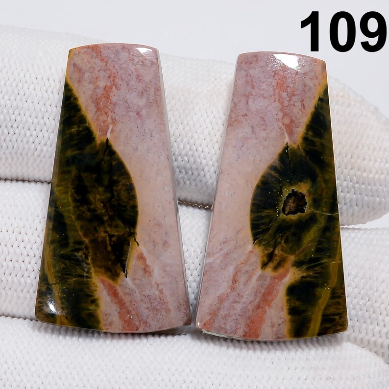 May include: Two polished stone cabochons with a trapezoid shape. The stones feature a mix of colors, including pink, green, and brown. The number "109" is visible in the upper right corner.