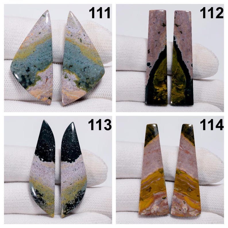 May include: Four pairs of polished gemstone cabochons. Each pair features unique patterns and colors, including shades of green, pink, yellow, and black. The cabochons are numbered 111, 112, 113, and 114. These are ideal for jewelry making or collecting.
