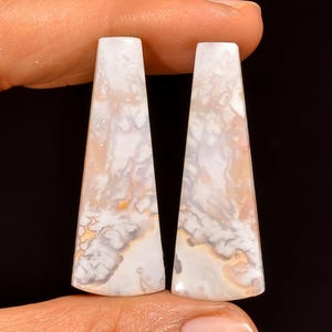 Può includere: Due pezzi di pietre preziose lucide e allungate. Ogni pezzo è di colore crema chiaro con motivi a vortice di grigio, beige e tocchi di arancione. Le pietre sono tenute tra le dita su uno sfondo nero.