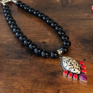 Black Onyx Statement Necklace with Gemstone Dalmatian Jasper Pendant