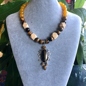 Statement Gemstone Necklace With Chunky Tiger Eye And Jade Beads