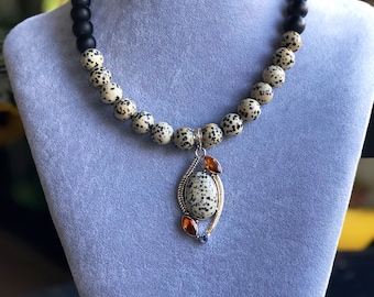 Gemstone Statement Necklace With Chunky Dalmatian Jasper Beads