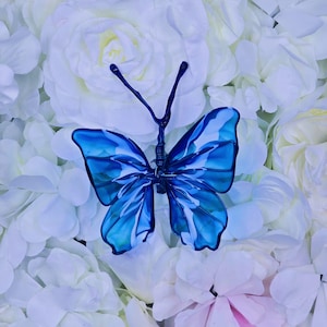 Butterfly - Hand made Resin and Wire Art, blue and white, One-of-a-Kind Window or Garden Decoration. 3 mounting options included