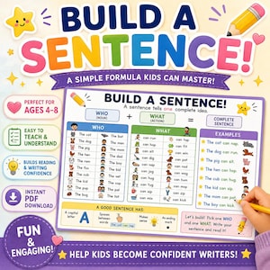 Puede incluir: Una tabla educativa colorida titulada Build a Sentence con una fórmula para crear oraciones usando columnas de quién y qué. Incluye listas de sustantivos y acciones con ilustraciones, oraciones de ejemplo y consejos de escritura sobre fondo blanco.