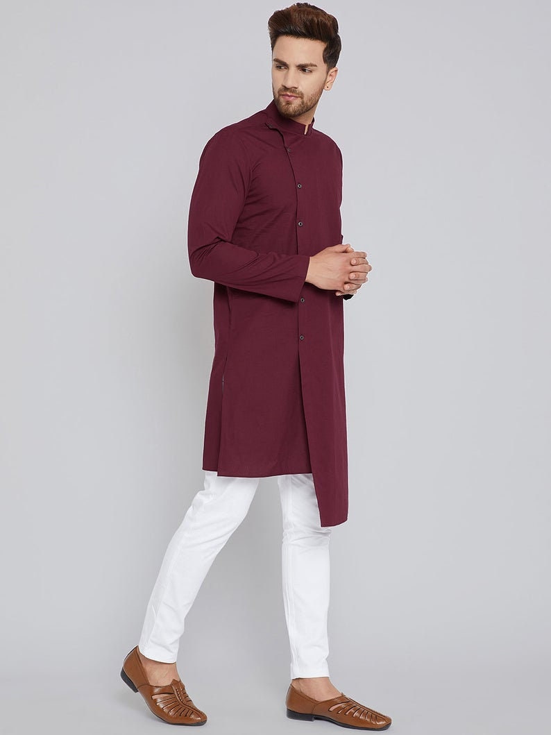 Stylish Maroon Solid Men Kurta Shirt Indian 100cotton Loose Etsy