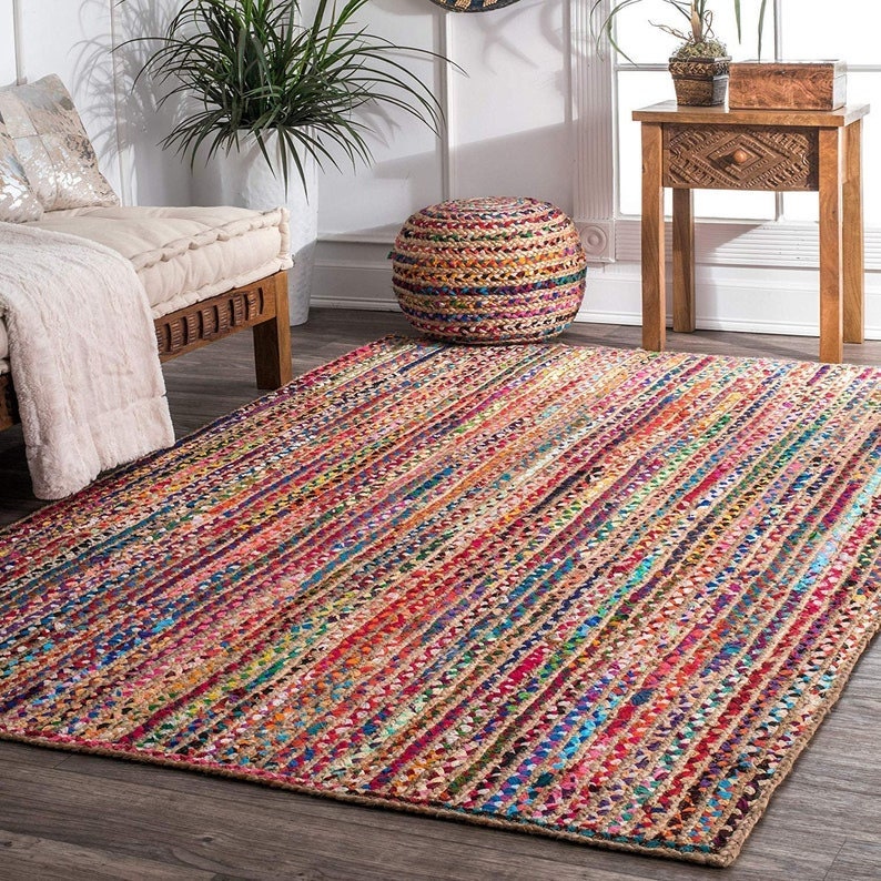 PROKTH Recycled Area Rug Bohemian Hand-woven Rag Rug Non-slip Cotton Rugs for Living Room Bedroom 90 x 60cm 