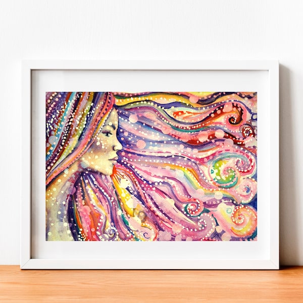 Goddess Shekinah Watercolour Art Print, Spiritual Art Print, Rainbow colours, Flowing Hair, Colourful Portrait, Bohemian, Divine Feminine