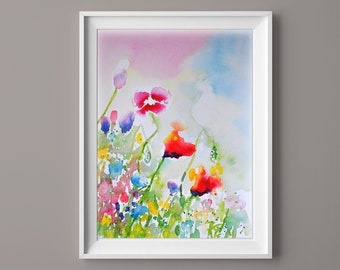 Three Wild Flowers Watercolour Art Print, Abstract Loose Watercolour Artwork Print, English Countryside Flowers, Bright, Colourful Art Print