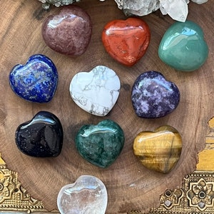 Gemstone Hearts, Red Japer, Lapis Lazuli, Strawberry Quartz, Clear Quartz, Lepidolite, Tiger Eye, Aventurine, Howlite, Goldstone, Sandstone