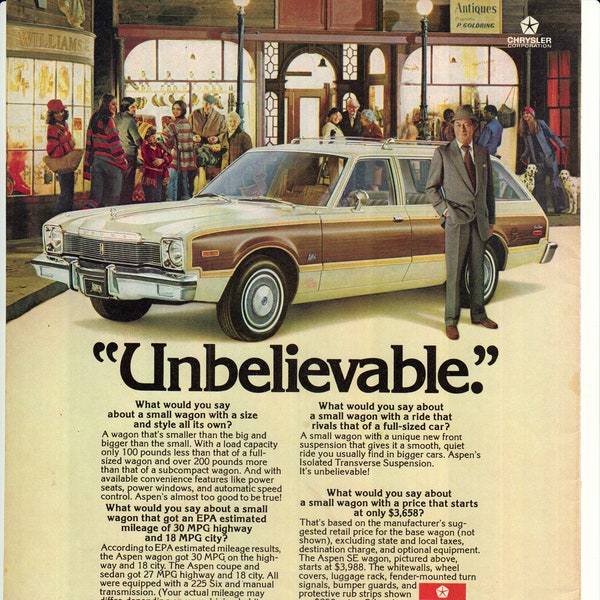 1976 Dodge Aspen Wagon Small Stationwagon a Small Price-Original Magazine Ad