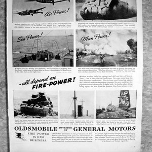 1943 Oldsmobile World War II Fire Power Original 13.5 * 10.5 Magazine Ad