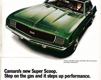 1969 Chevrolet Camaro SS Rally Sport-SS Hood Original 13.5 * 10.5 Magazine Ad