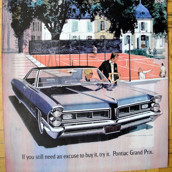 1965 Pontiac Grand Prix Mansion with Tennis Court Original 13.5 * 10.5 Magazine Ad