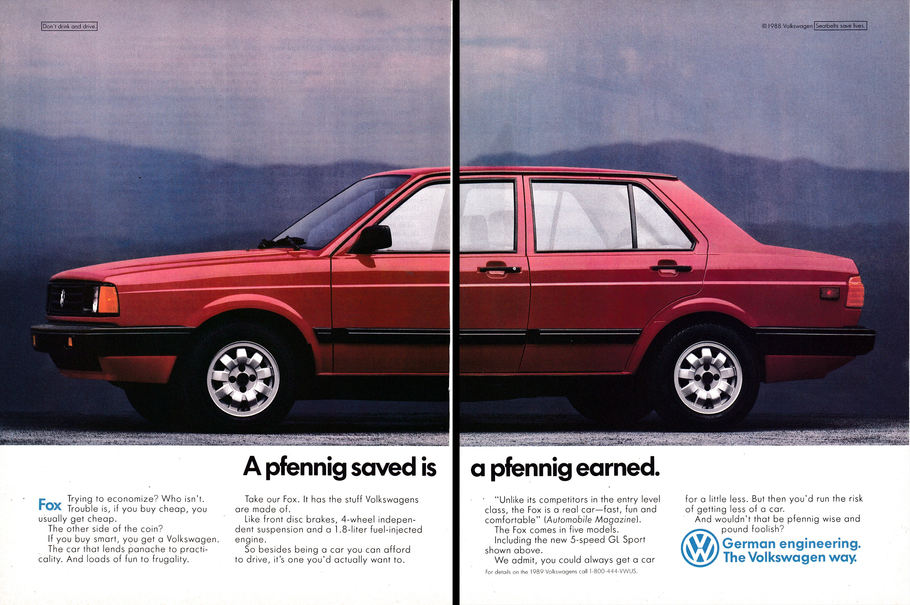 1989 VW Fox A Pfennig Saved is A Ffennig Earned Original 2 Page Magazine Ad  